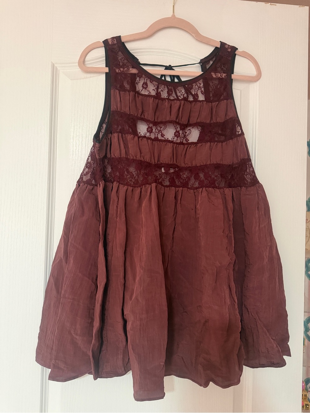 Free People Sleeveless Lace Panel Wine Red Babydoll Tunic